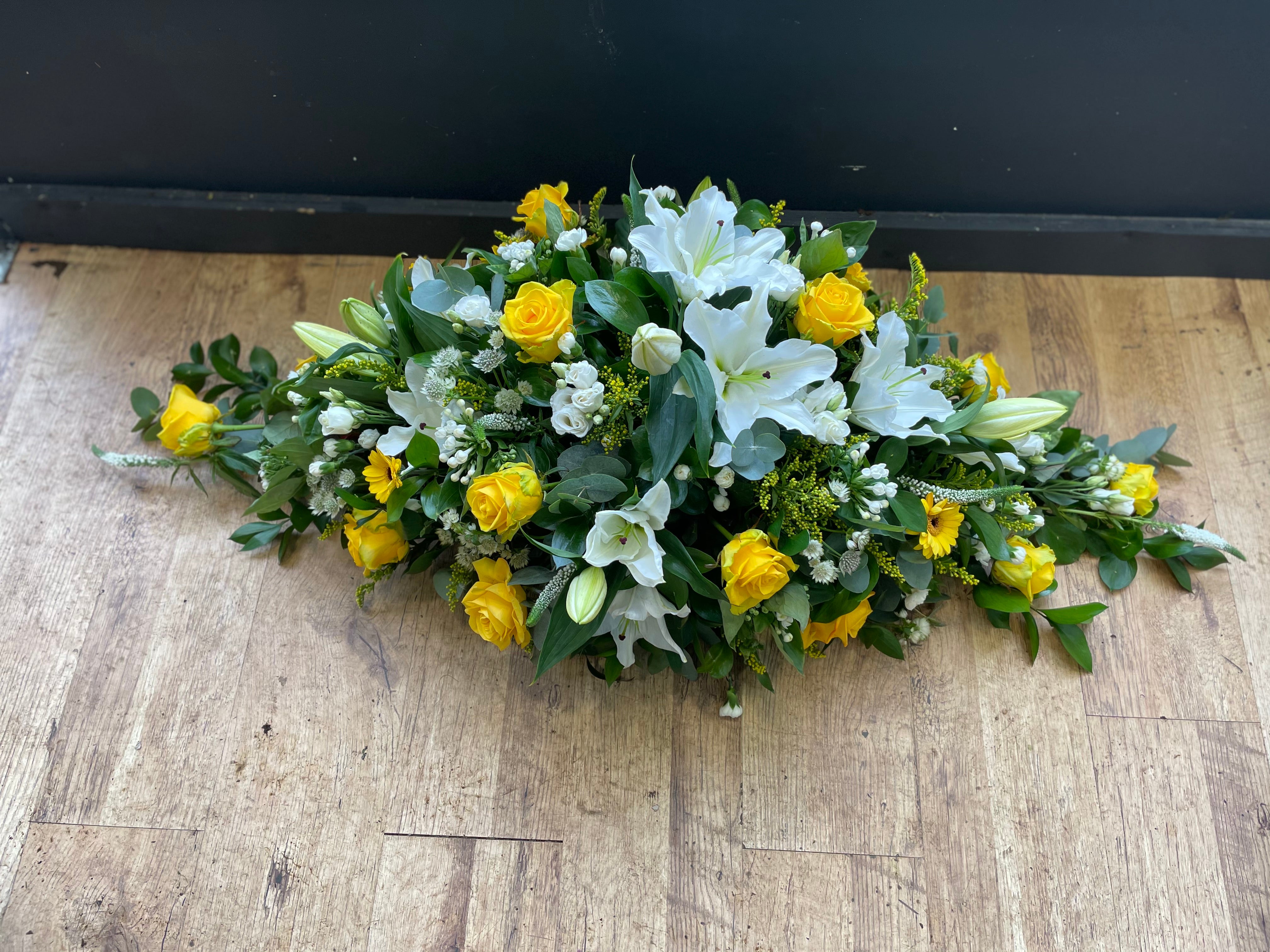 Yellow rose and white lily spray ( casket)
