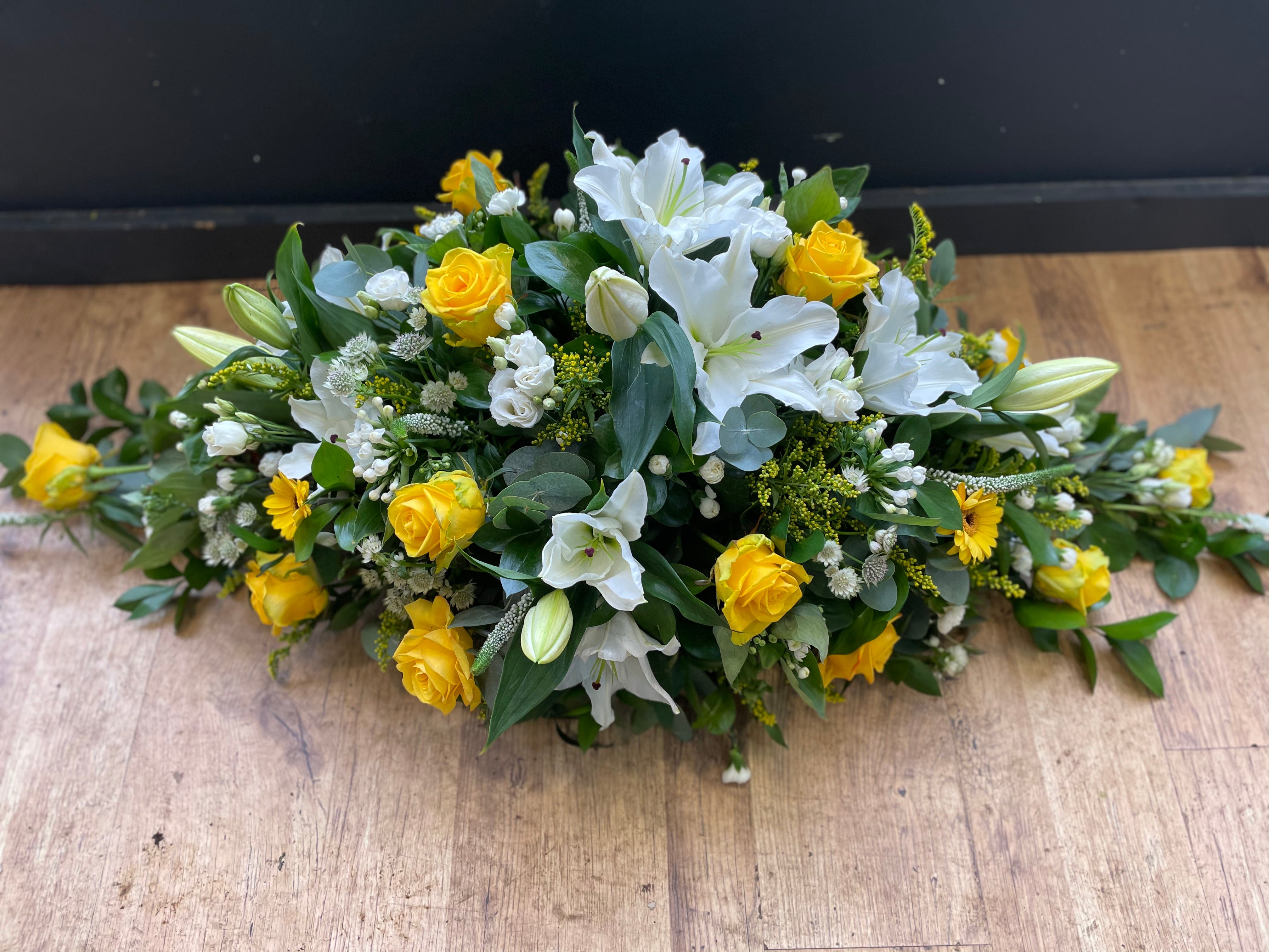 Yellow rose and white lily spray ( casket)